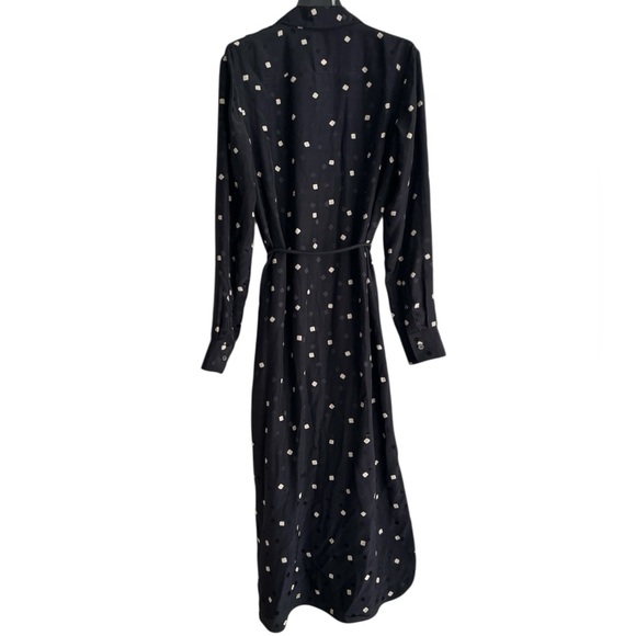 Theory Women's Black Cream Square Dot Long Sleeve Belted Silk Shirt Midi Dress S - Picture 7 of 10